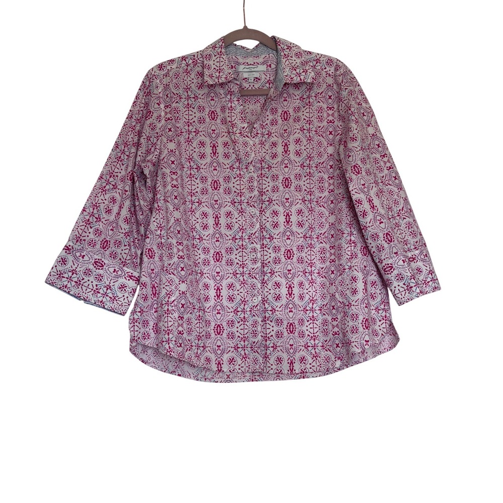 Foxcroft NYC Easy Care Pink Geometric Medallion Print 3/4 Sleeve Shirt XL